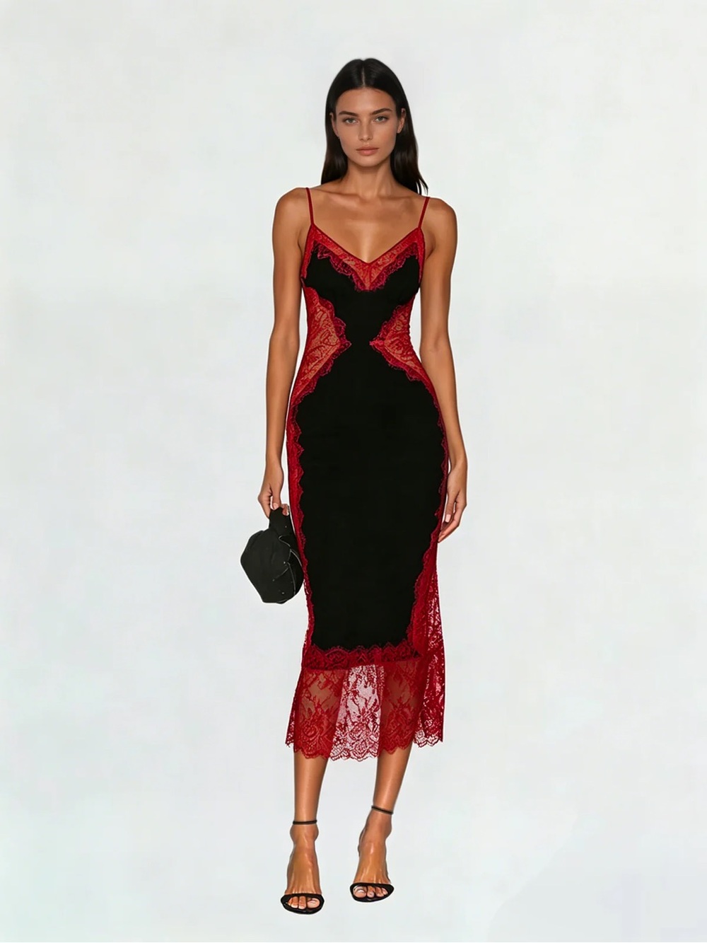 Black & Red Lace Slip Midi Dress